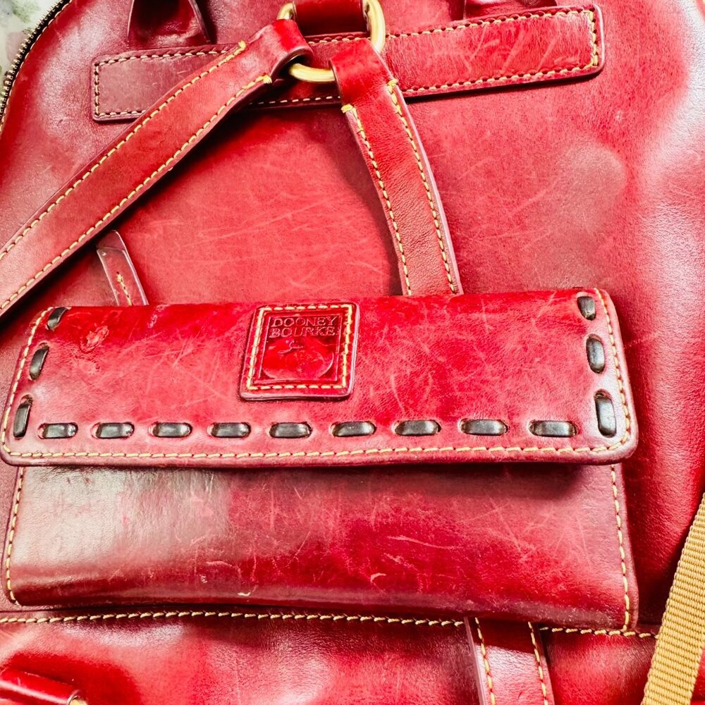 Dooney & Bourke Red Florentine Leather Zip Pod Backpack & Clutch Combo (Used)